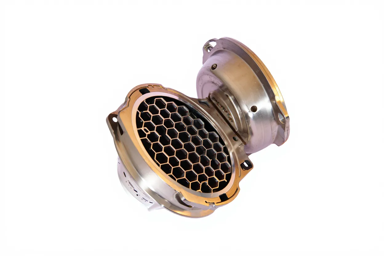 Catalyseur automobile ouvert montrant le substrat céramique contenant du palladium